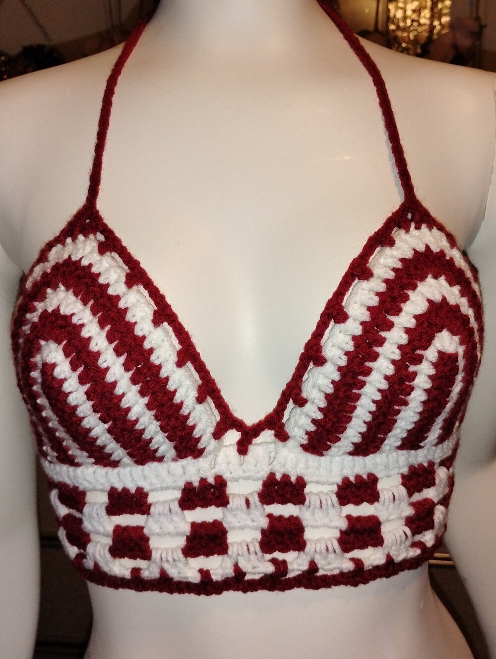 Handmade Red and White Crochet Halter Bralette